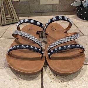 New Fun & Beautiful Asymmetrical Black Jeweled Studded Slide Sandals  Size 9 Med